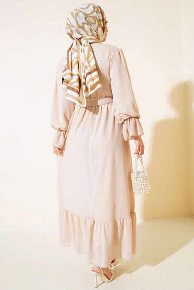 Bel Lastikli Kendinden Desenli Elbise Bej - Resim 2