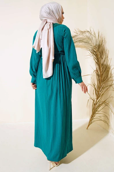 Yaka Dantelli Yarım Düğmeli Elbise Zümrüt - Resim 3