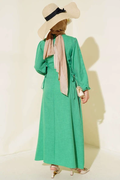 Yanları Bağlamalı Keten Elbise Yeşil - Resim 3