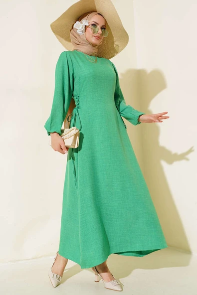 Yanları Bağlamalı Keten Elbise Yeşil ürün görseli 1