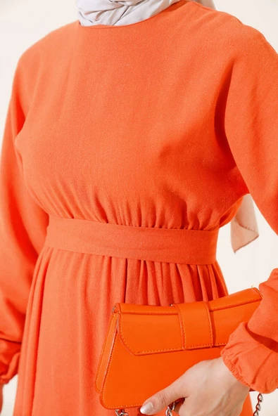 Bel Lastikli Keten Elbise Oranj - 4