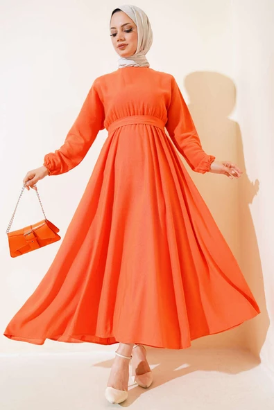 Bel Lastikli Keten Elbise Oranj ürün görseli 1
