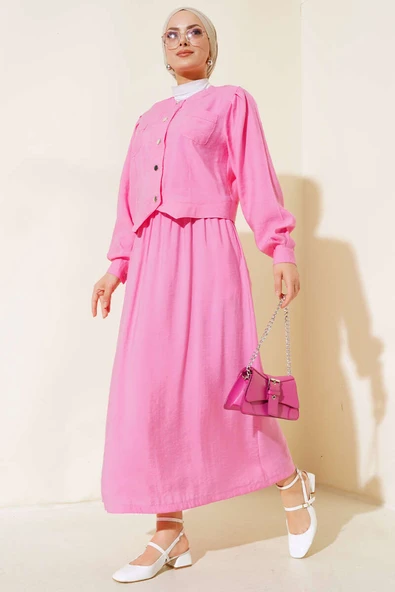 Cepli Metal Düğmeli Etekli İkili Takım Pembe ürün görseli 1