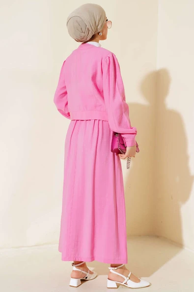 Cepli Metal Düğmeli Etekli İkili Takım Pembe - Resim 3
