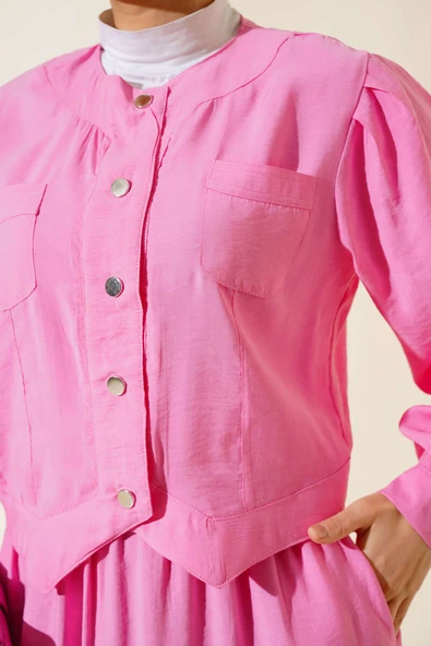 Cepli Metal Düğmeli Etekli İkili Takım Pembe - Resim 4