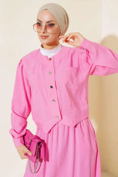 Cepli Metal Düğmeli Etekli İkili Takım Pembe - Resim 2