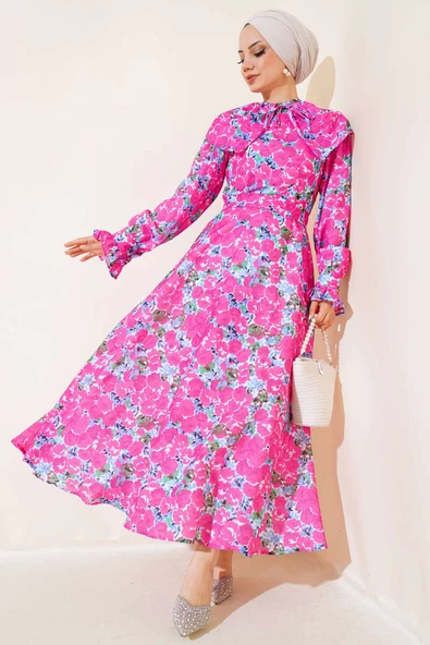 Bebe Yaka Kuşaklı Elbise Fusya ürün görseli 1