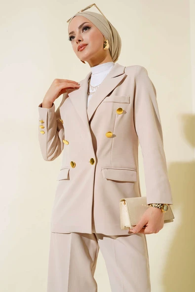 Cep Kapaklı Kruvaze Yaka Ceket Takımı Bej - Resim 2