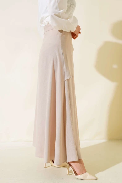 Yandan Bağlamalı Keten Etek Bej - Resim 3