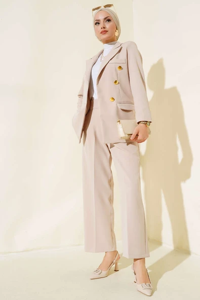 Cep Kapaklı Kruvaze Yaka Ceket Takımı Bej ürün görseli 1