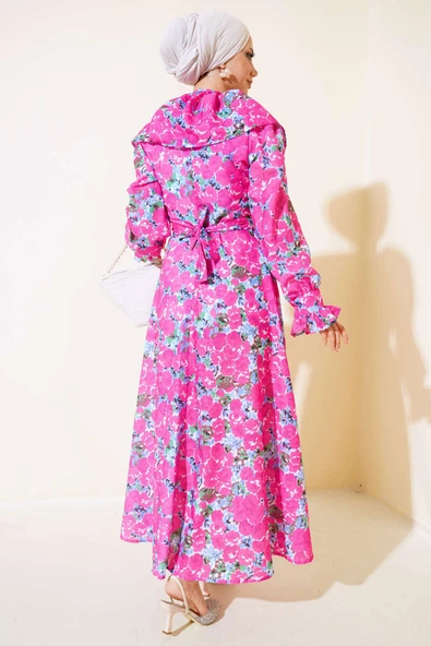 Bebe Yaka Kuşaklı Elbise Fusya - Resim 4