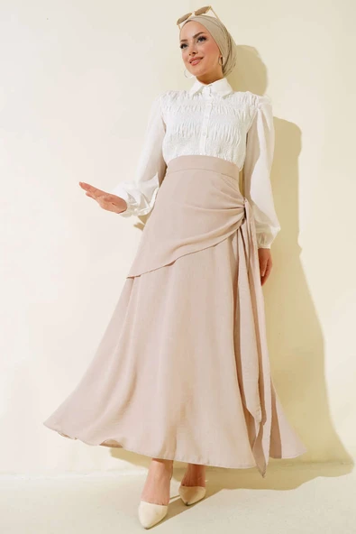 Yandan Bağlamalı Keten Etek Bej - Resim 2