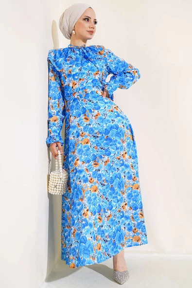 Bebe Yaka Kuşaklı Elbise Mavi ürün görseli 1