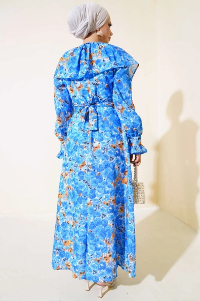 Bebe Yaka Kuşaklı Elbise Mavi - Resim 3