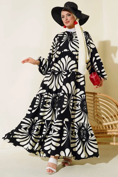 Otantik Desen Yaka Püsküllü Elbise Siyah - Resim 2