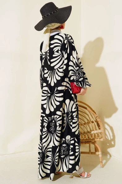 Otantik Desen Yaka Püsküllü Elbise Siyah - Resim 3