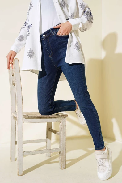 Büyük Beden Yüksek Bel Kot Pantolon Lacivert ürün görseli 1