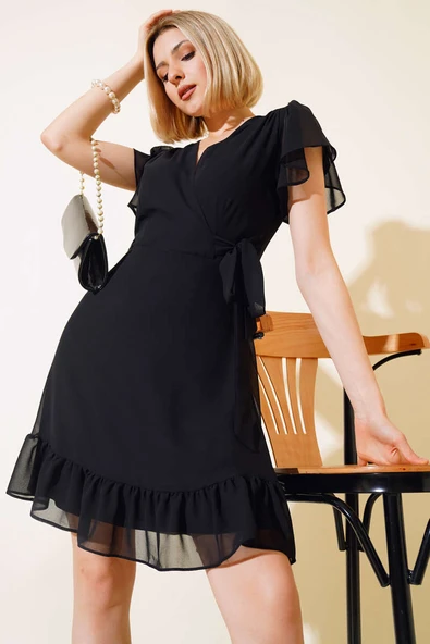 Bel Bağlamalı Kısa Kol Elbise Siyah ürün görseli