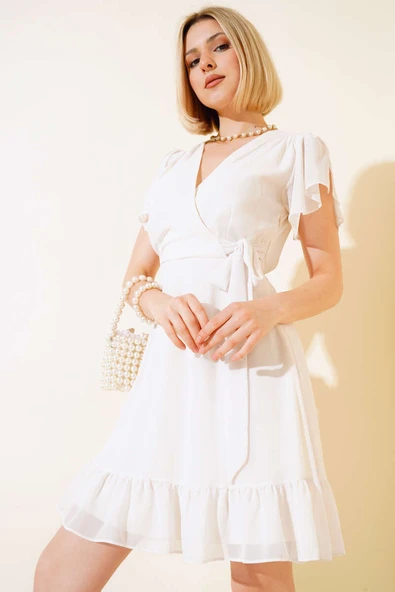 Bel Bağlamalı Kısa Kol Elbise Ekru ürün görseli