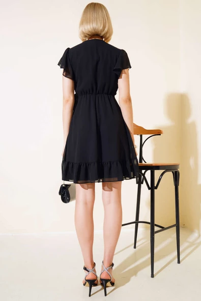 Bel Bağlamalı Kısa Kol Elbise Siyah - Resim 3