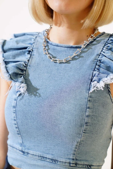 Kol Fırfırlı Kot Bluz Mavi - Resim 4