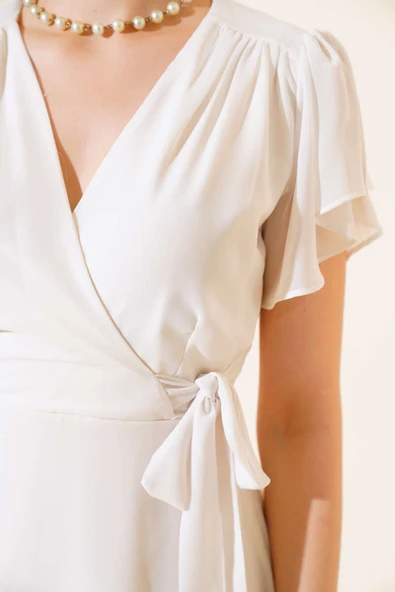 Bel Bağlamalı Kısa Kol Elbise Ekru - Resim 4