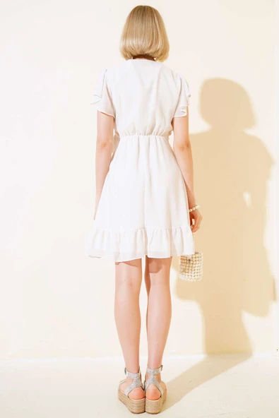 Bel Bağlamalı Kısa Kol Elbise Ekru - Resim 3