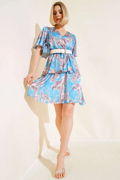 Kruvaze Yaka Desenli Saten Elbise Turkuaz - Resim 2