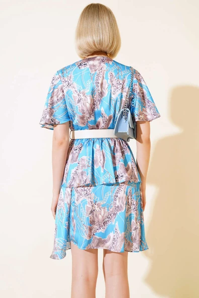 Kruvaze Yaka Desenli Saten Elbise Turkuaz - Resim 3