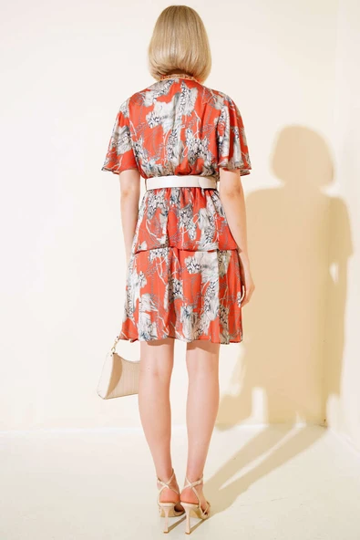 Kruvaze Yaka Desenli Saten Elbise Oranj - Resim 3