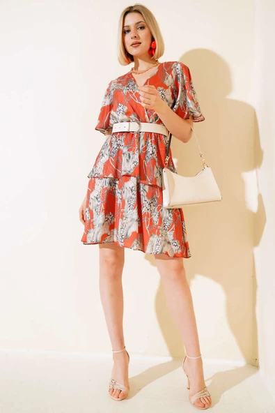 Kruvaze Yaka Desenli Saten Elbise Oranj - Resim 2