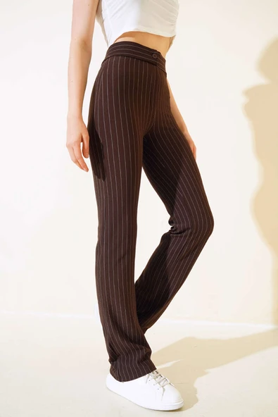 İnce Çizgili İspanyol Paça Pantolon Kahve - 2