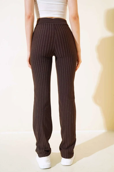 İnce Çizgili İspanyol Paça Pantolon Kahve - 3