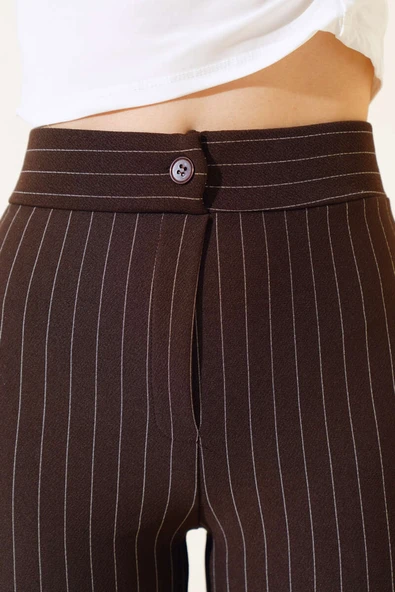 İnce Çizgili İspanyol Paça Pantolon Kahve - 4