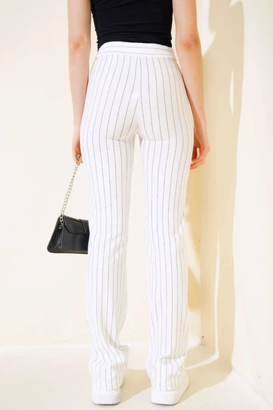 İnce Çizgili İspanyol Paça Pantolon Beyaz - 3