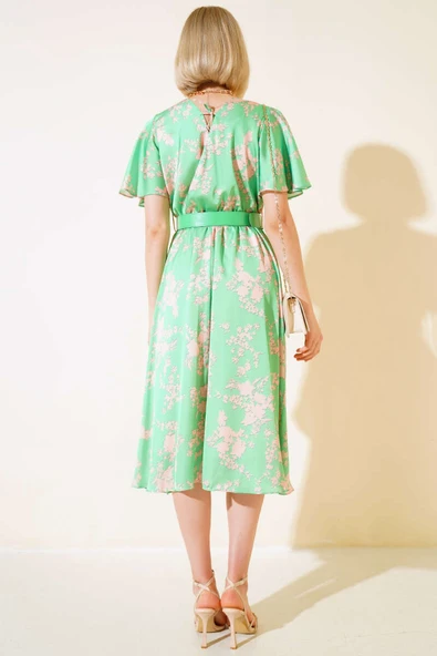 Kemerli Saten Midi Elbise Yeşil - Resim 3