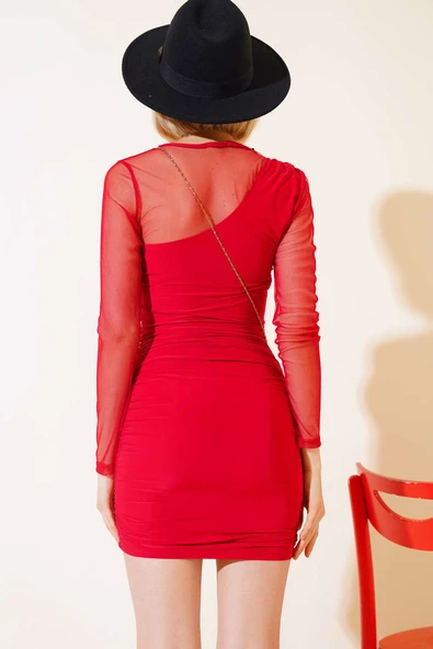 Kolu Tül Detaylı Mini Elbise Kırmızı - Resim 3