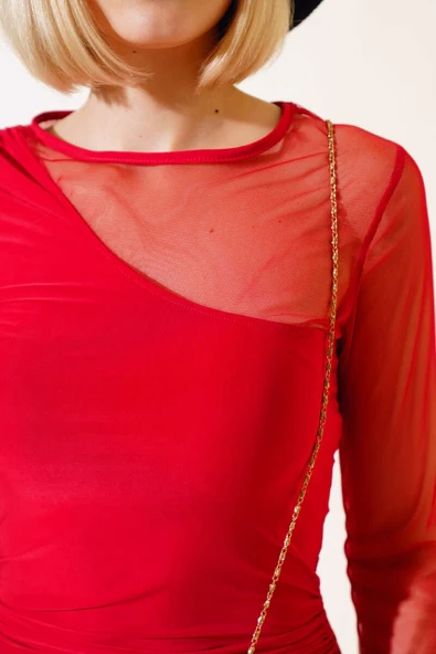 Kolu Tül Detaylı Mini Elbise Kırmızı - Resim 4