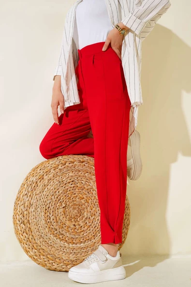 Paça Düğmeli Salaş Pantolon Kırmızı ürün görseli 1