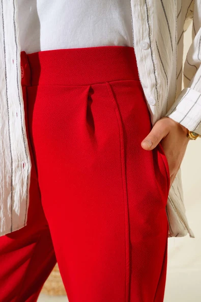 Paça Düğmeli Salaş Pantolon Kırmızı - Resim 4