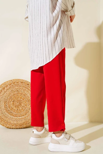 Paça Düğmeli Salaş Pantolon Kırmızı - Resim 3