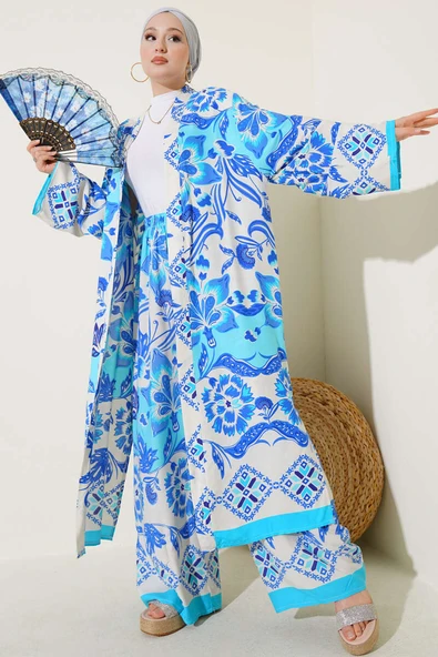 Etnik Desen Kimono İkili Takım Turkuaz - Resim 2