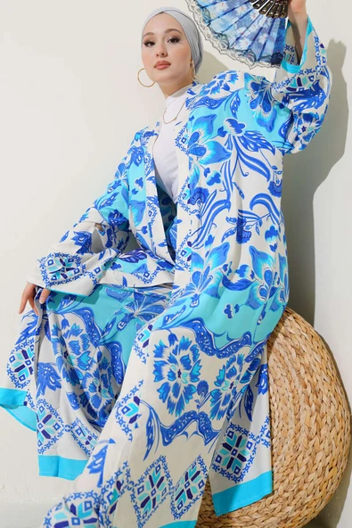 Etnik Desen Kimono İkili Takım Turkuaz ürün görseli 1