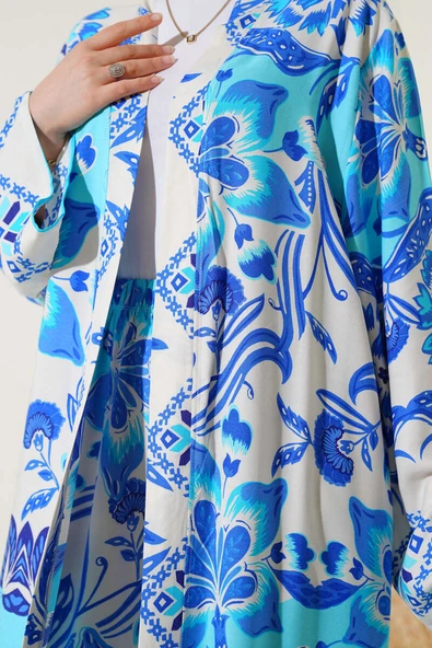 Etnik Desen Kimono İkili Takım Turkuaz - Resim 4