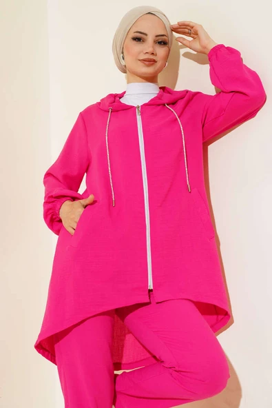 Fermuarlı Kapüşonlu Salaş İkili Takım Fuşya - Resim 2