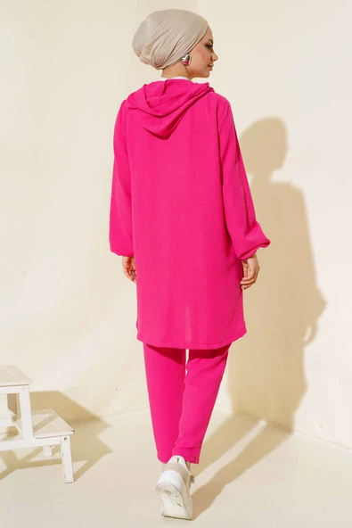 Fermuarlı Kapüşonlu Salaş İkili Takım Fuşya - Resim 3