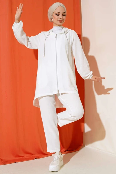 Fermuarlı Kapüşonlu Salaş İkili Takım Beyaz ürün görseli 1