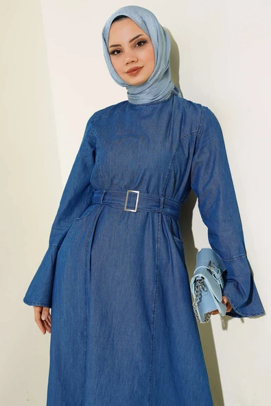 Kuşaklı Cepli Kot Elbise Kot - Resim 2