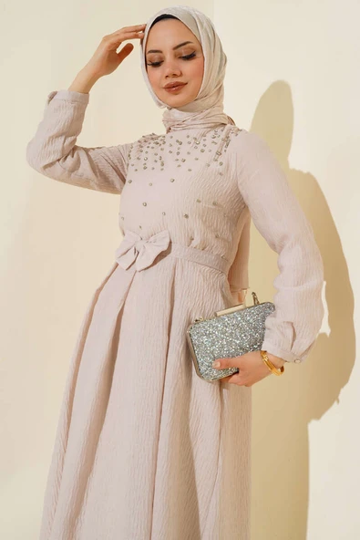 Önü Taşlı Elbise Bej - 2