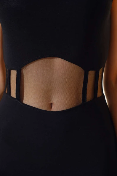 Beli Transparanlı Elbise Siyah - Resim 4